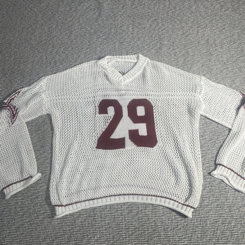 Vintage Style Boston 29 Mesh Knit Sweater White Burgundy Star Sleeve Sporty L